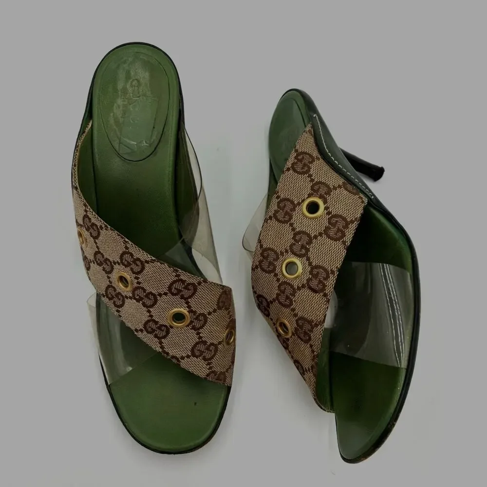 8.5 Vintage Gucci GG Monogram Canvas PVC Green & Brown Mules